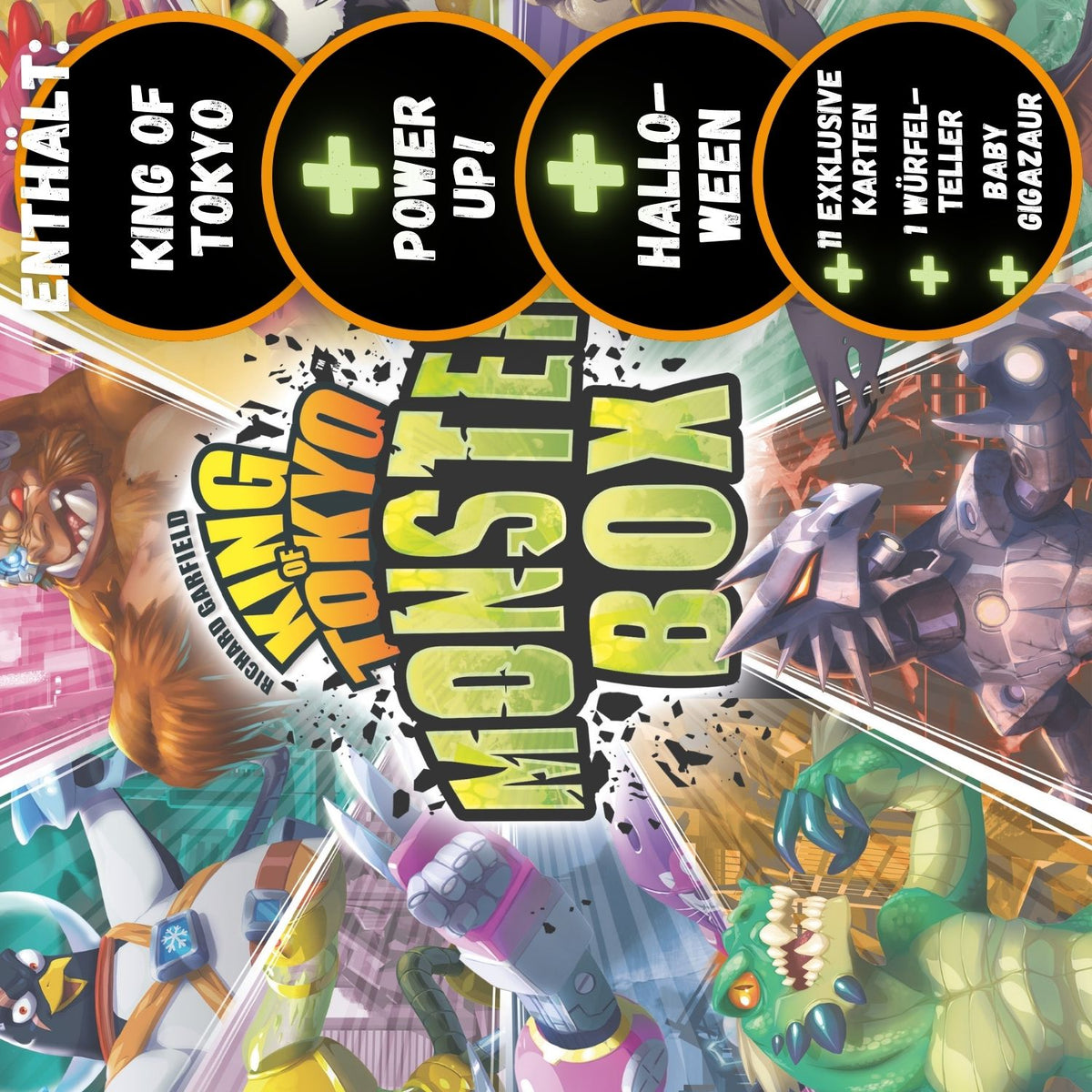 King of Tokyo Monsterbox, runde Spielmarker mit leuchtenden Symbolen