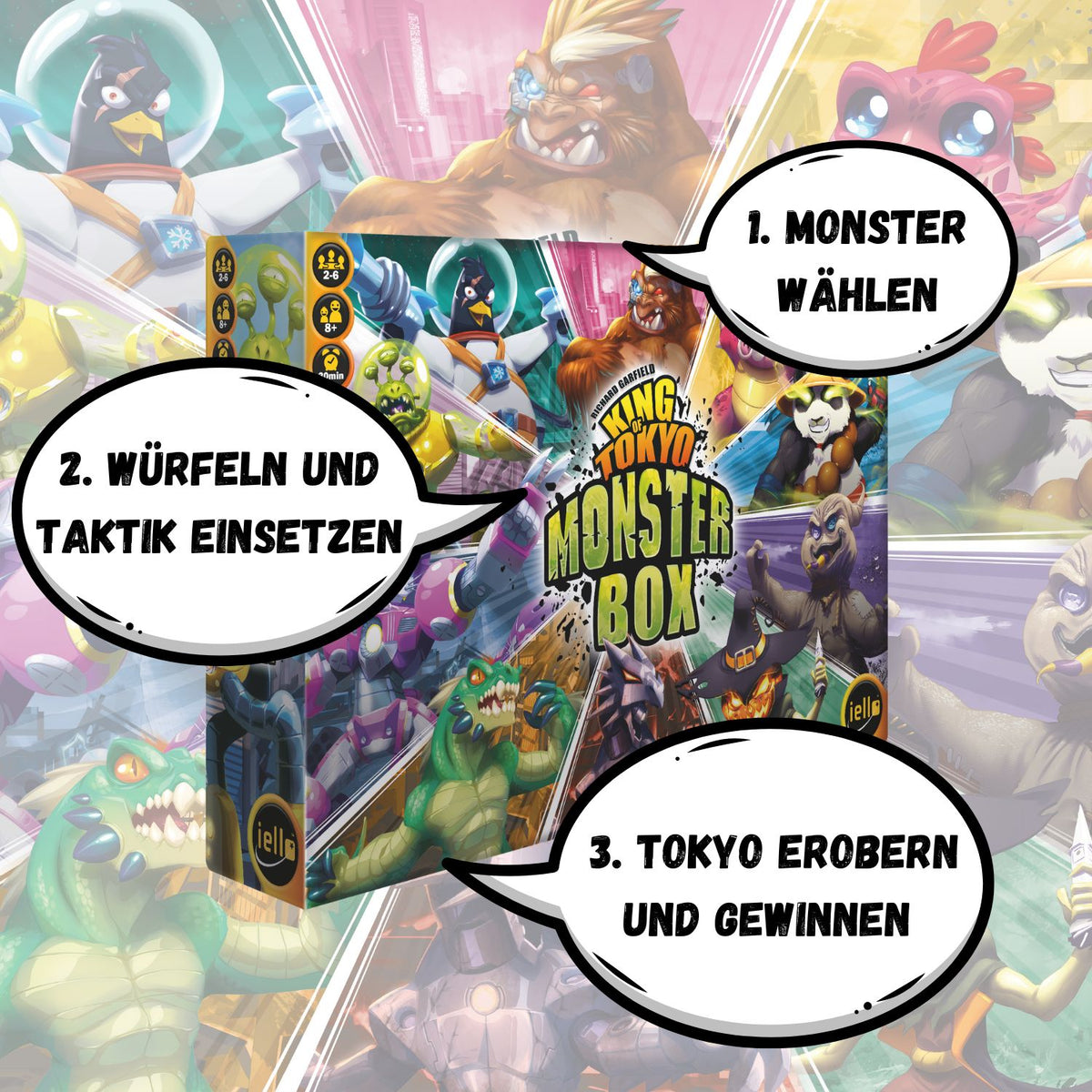 Monsterbox-Packung mit Illustrationen: Monsterfiguren und Schritte zum Spielstart