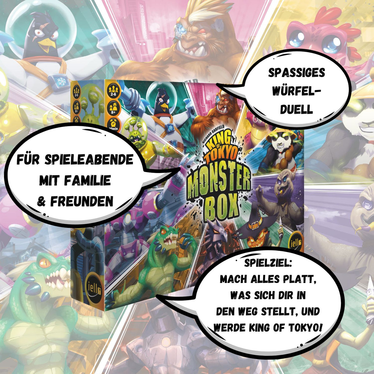 Monsterbox-Packung mit Textblasen zu Duellen und Spielerlebnis mit Familie