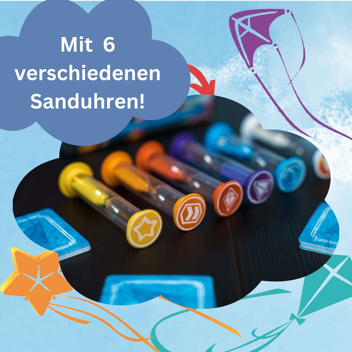Drachen-Spielset mit bunten Sanduhren und Karten, sichtbare Spielsteine