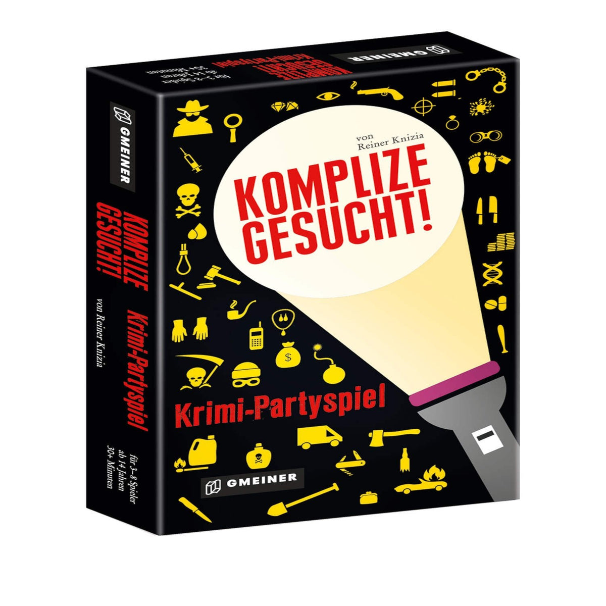 Krimi-Partyrspiel „Komplize gesucht!“ Spielbox mit Frontaufdruck und Symbolen