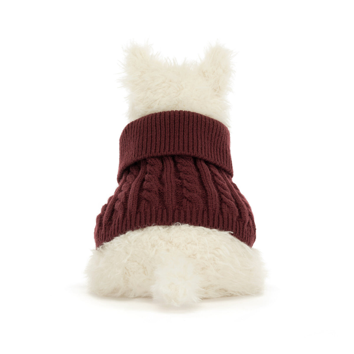 Kuscheltier-Hund mit cremefarbenem Fell und dunkelrotem Pullover, Rückenansicht