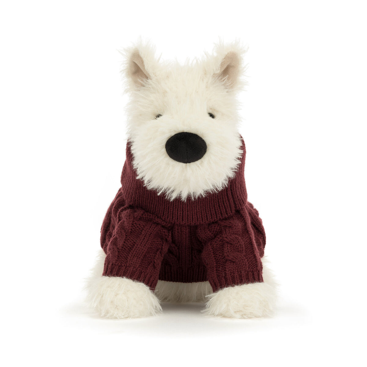Kuscheltier-Hund mit cremefarbenem Fell und dunkelrotem Winterpullover, frontal