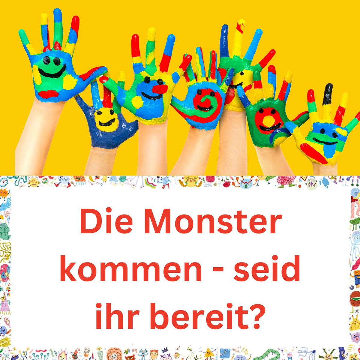 Kinder-Spiel Mal mal'n Monster, Spielcover mit bunten Hand-Finger-Monstern