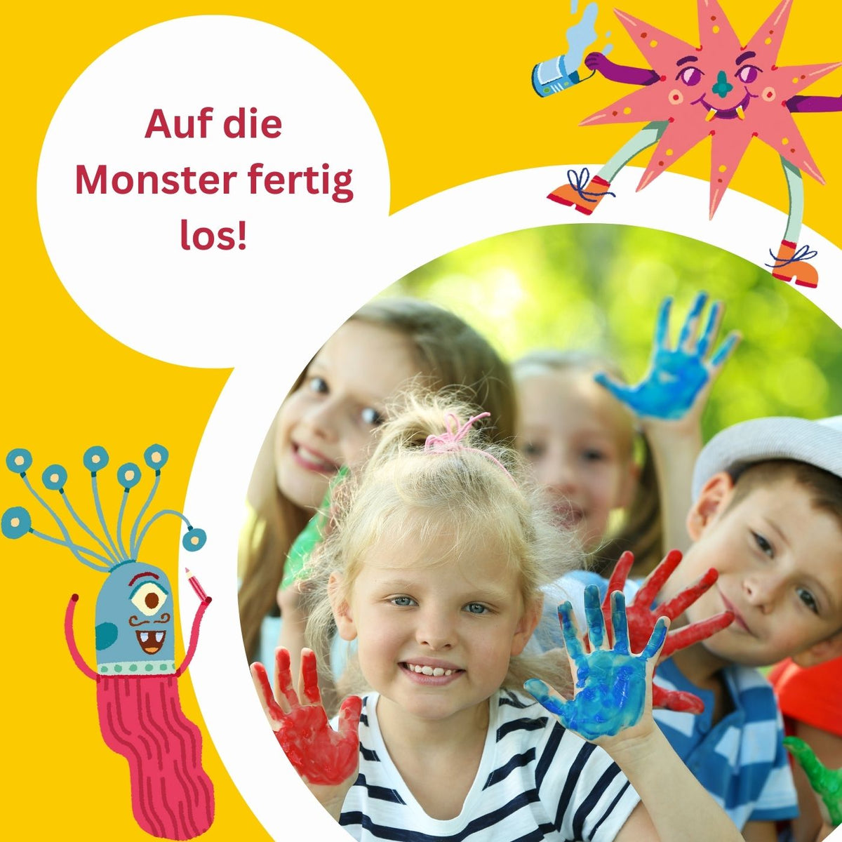Kinder-Malspiel Mal mal'n Monster, Kinder mit blau bemalten Händen und Spielcover
