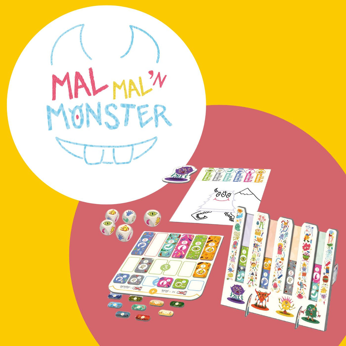 Mal mal'n Monster Spielteile: Kartenstapel, Würfel und Monster-Design auf Unterlage