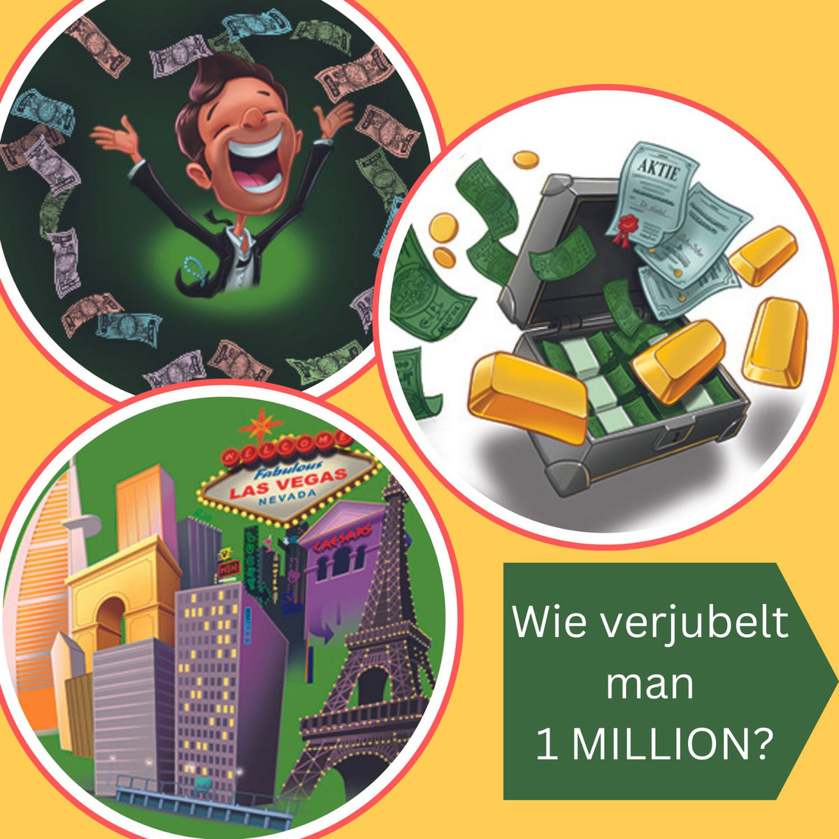 Mankomania-Spielbox mit Collage: Geldscheine, Aktiekiste-Optik und Las-Vegas-Motiv