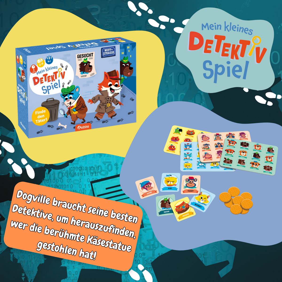 Kinderdedektivspiel mit Spielbox und Kartenblatt, Hinweis für Kinder ab 4