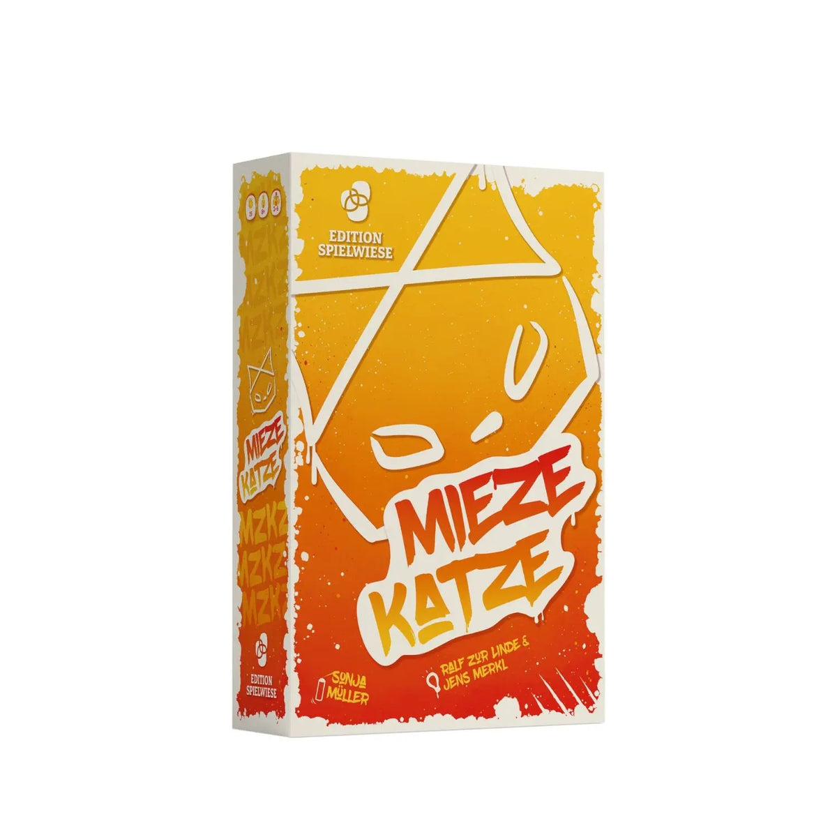 Miezekatze-Spielpackung mit gelb-orangen Comic-Design und Katzenkopf-Illustration