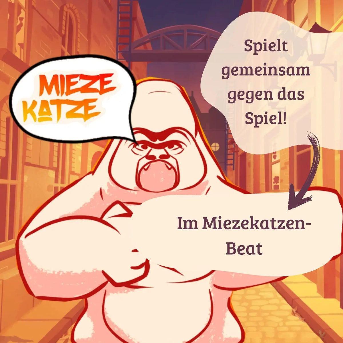 Miezekatze-Spiel-Box mit Comic-Gestalten und Textballon-Design in Orange und Lila