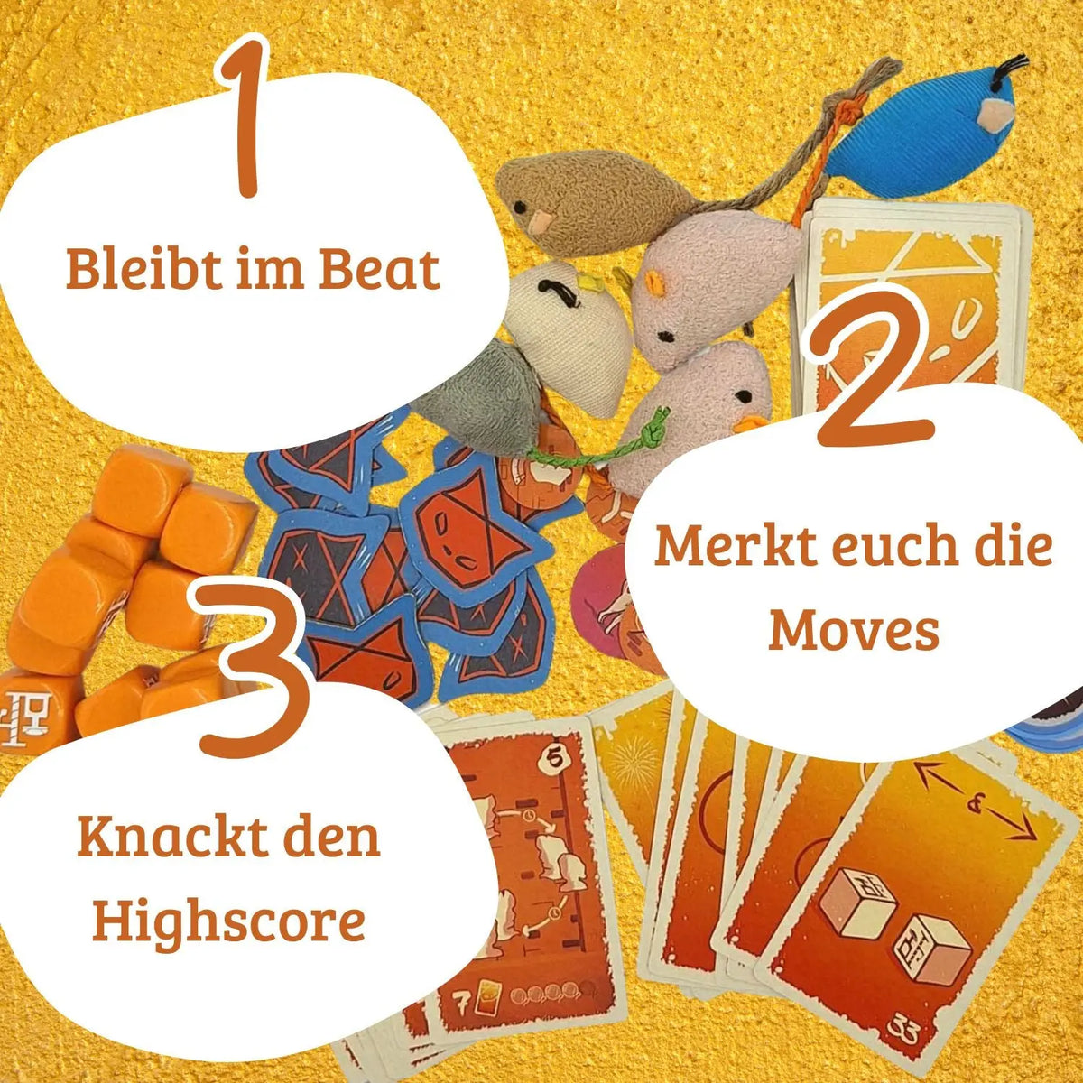 Miezekatze-Spiel-Box mit bunten Symbolen und Sprechblasen „Bleibt im Beat“