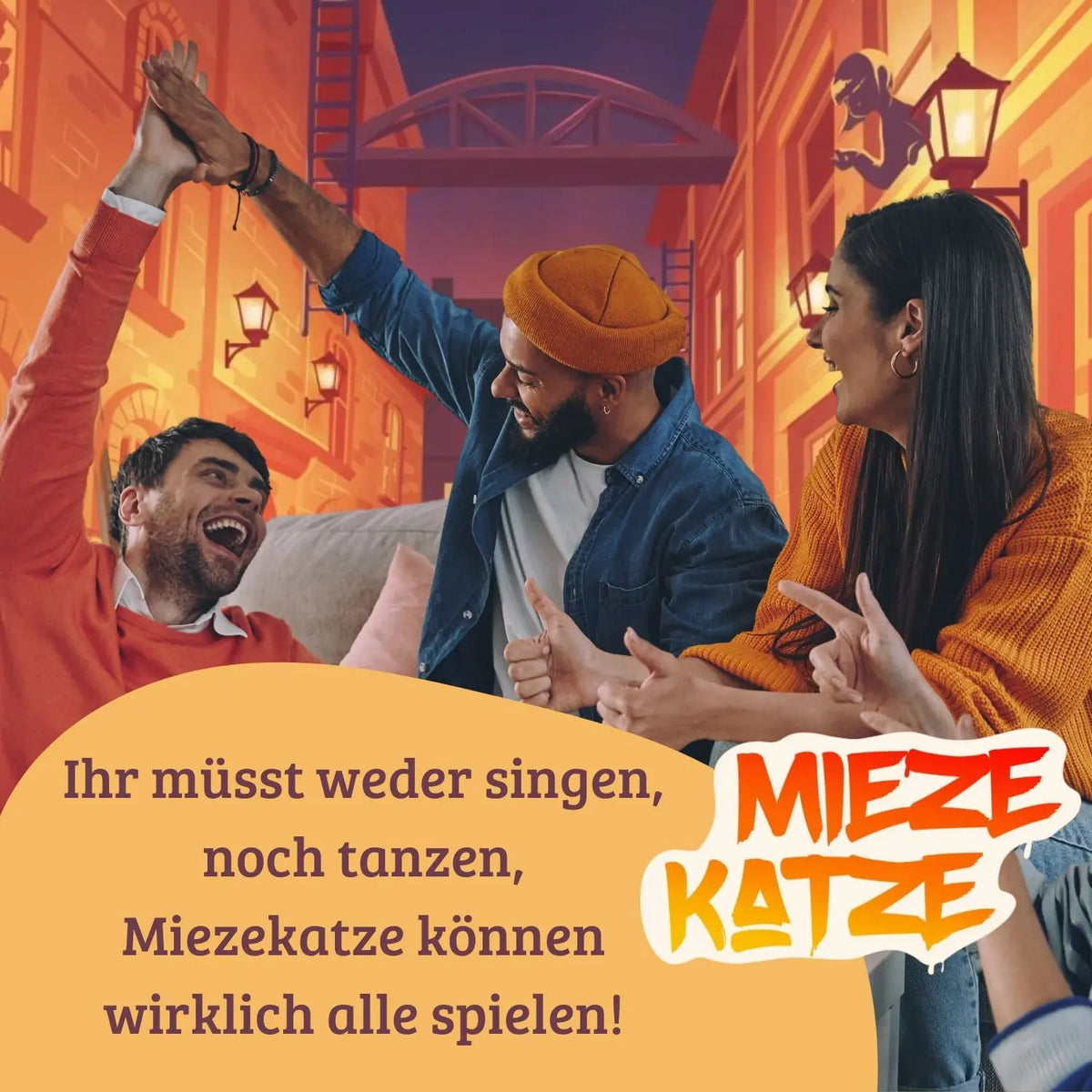Miezekatze-Spielbox mit Plüschkatzen-Thema, Menschen in Party-Szene und gelbem Infoblock
