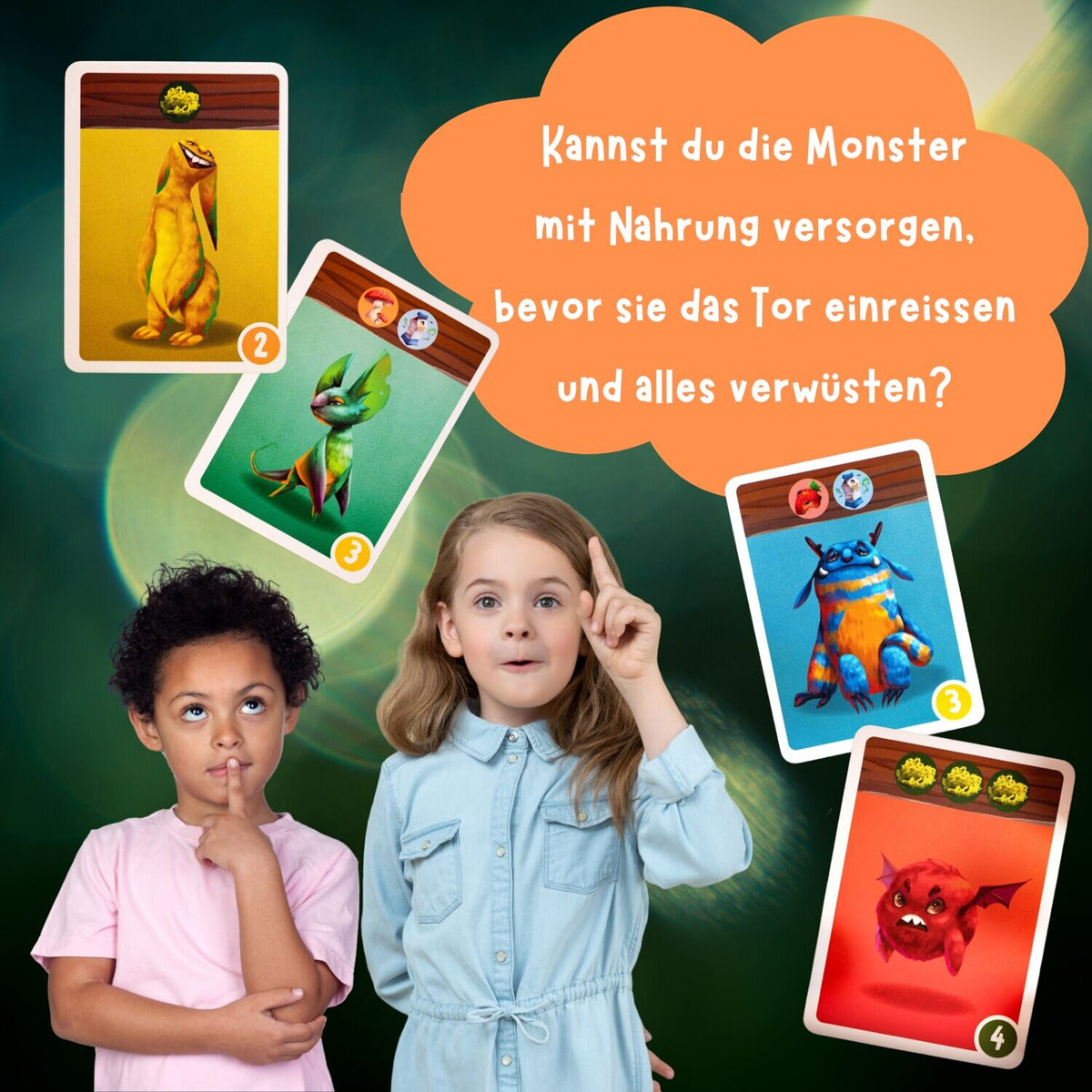 Kooperatives Brettspiel mit Monsterkarten, Sprechblasen und Spielfiguren