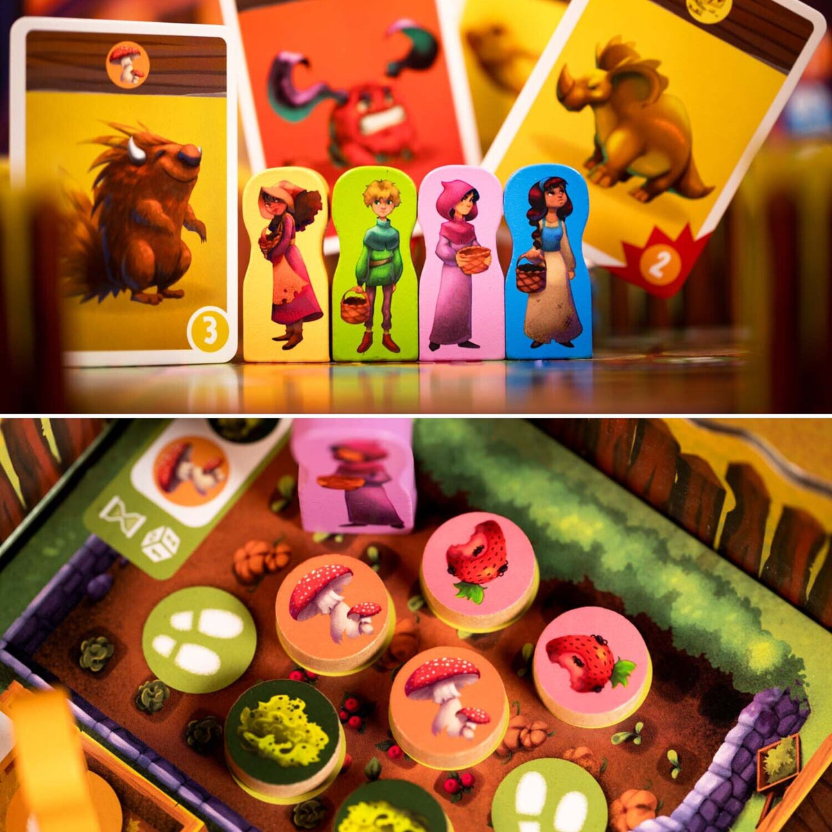 Spielkarten und runde Monsterplättchen auf dem Spielbrett
