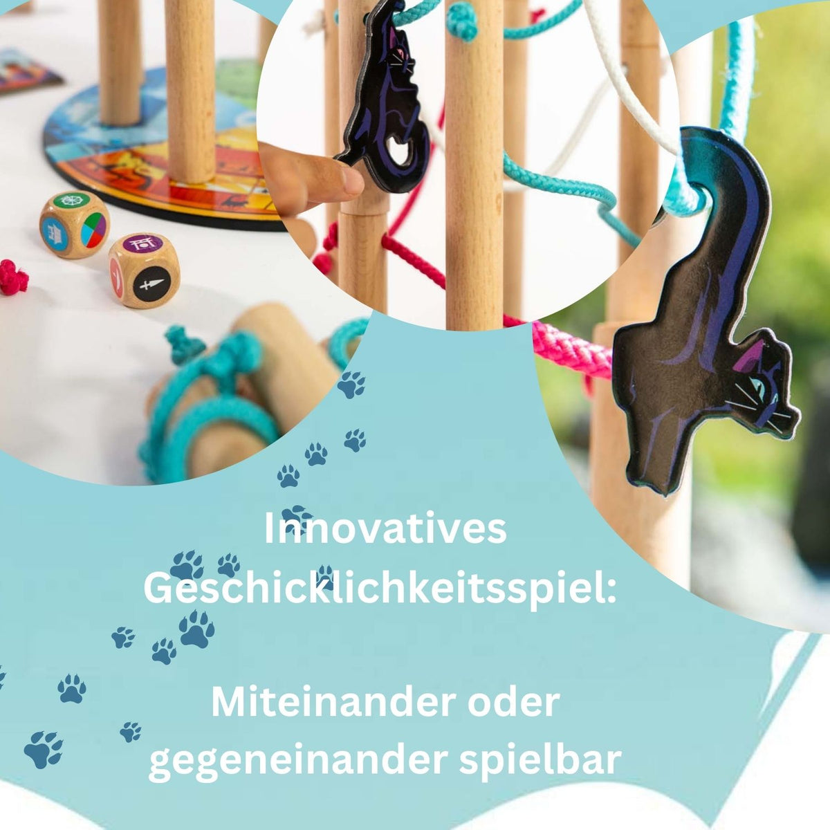 Holz-Spielturm mit Seilen und bunten Haken, Katzen-Geschicklichkeitsspiel in Benutzung