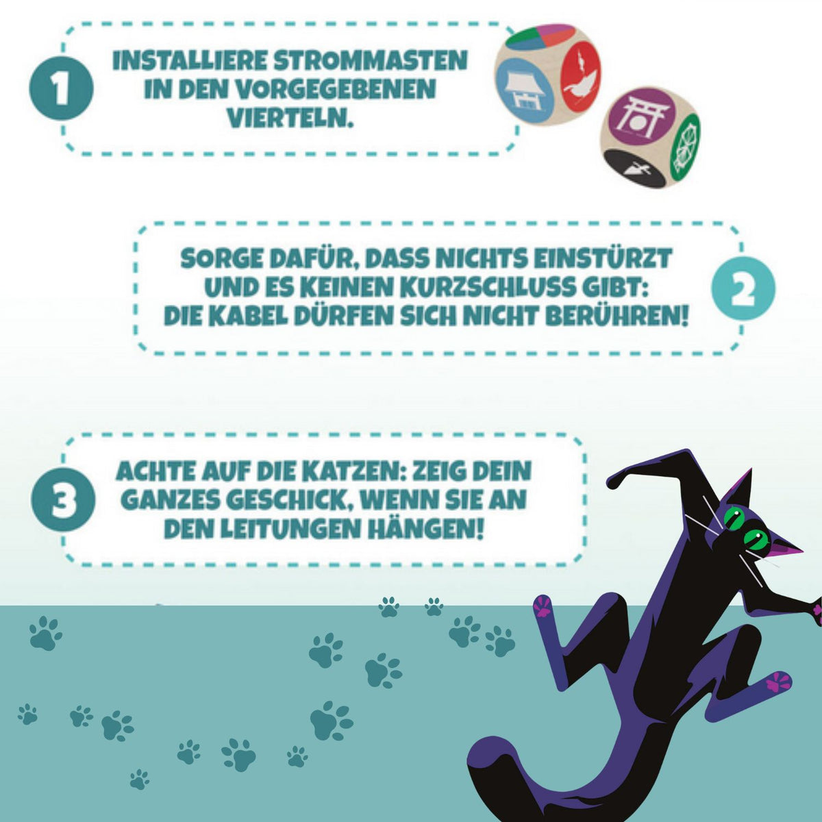 Anleitungskarte für das Katzen-Geschicklichkeitsspiel mit drei Sicherheitsschritten und Symbolen