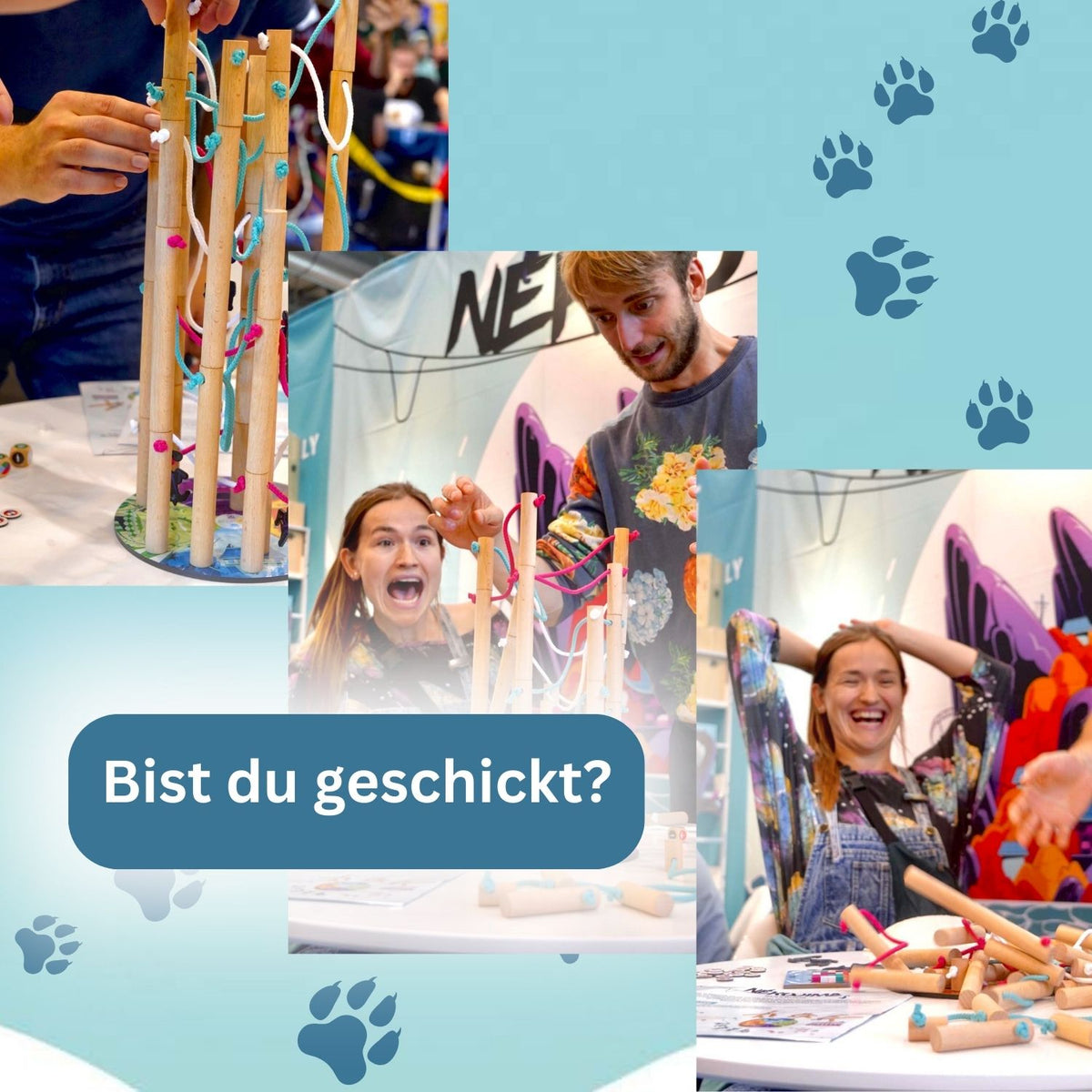 Katzen-Geschicklichkeitsspiel mit Holzsäulen, Seilen und bunten Elementen am Tisch