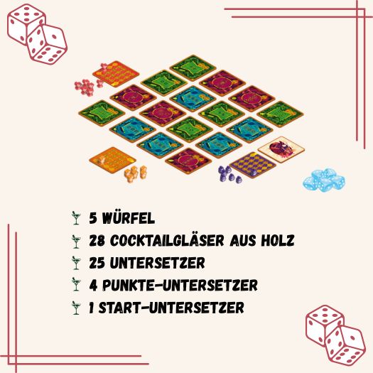 Pina Coladice-Spielset: farbige Holz-Cocktailgläser, Würfel und Untersetzer