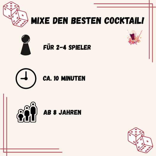Würfelspiel-Set mit Symbolen für 2–4 Spieler, Dauer und Cocktail-Mix