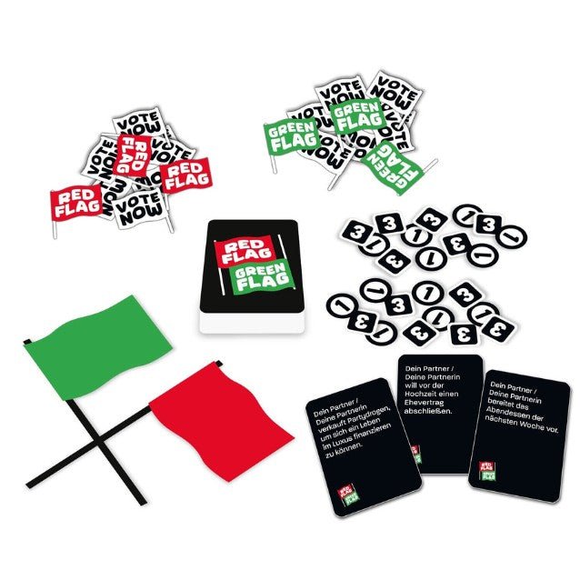Spielkomponenten: rote/grüne Flaggen, Karten und Abstimmplättchen