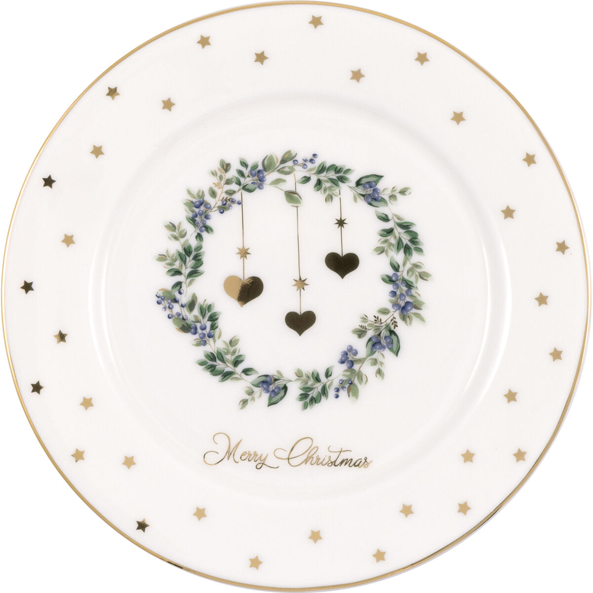 15-cm-Dessertteller, weiß mit Weihnachtskranz und Herzmotiven, goldener Rand, Sterne
