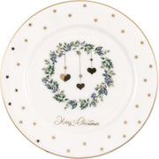 15-cm-Dessertteller, weiß mit Weihnachtskranz und Herzmotiven, goldener Rand, Sterne