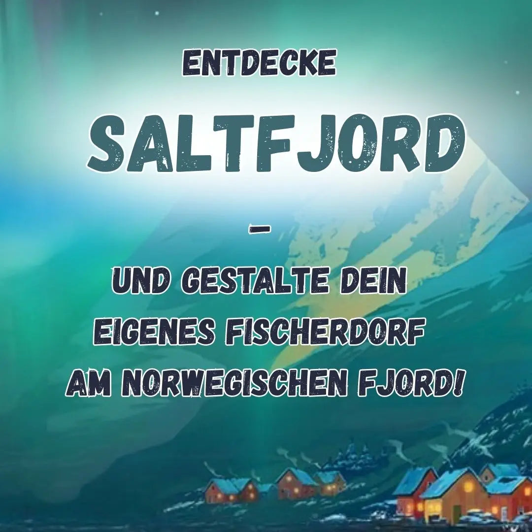 Werbebild für das Brettspiel Saltfjord mit großer Aufschrift „ENTDECKE SALTFJORD“