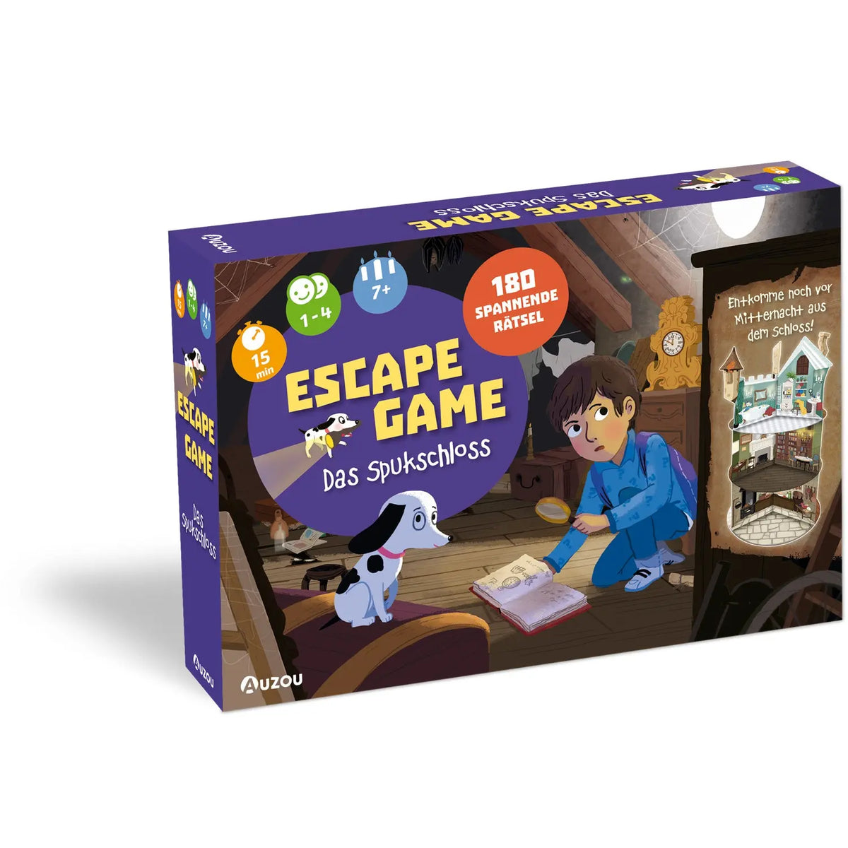 Escape-Game-Spielbox „Das Spukschloss“ mit Hundefigur und Jungen am Rätselbuch