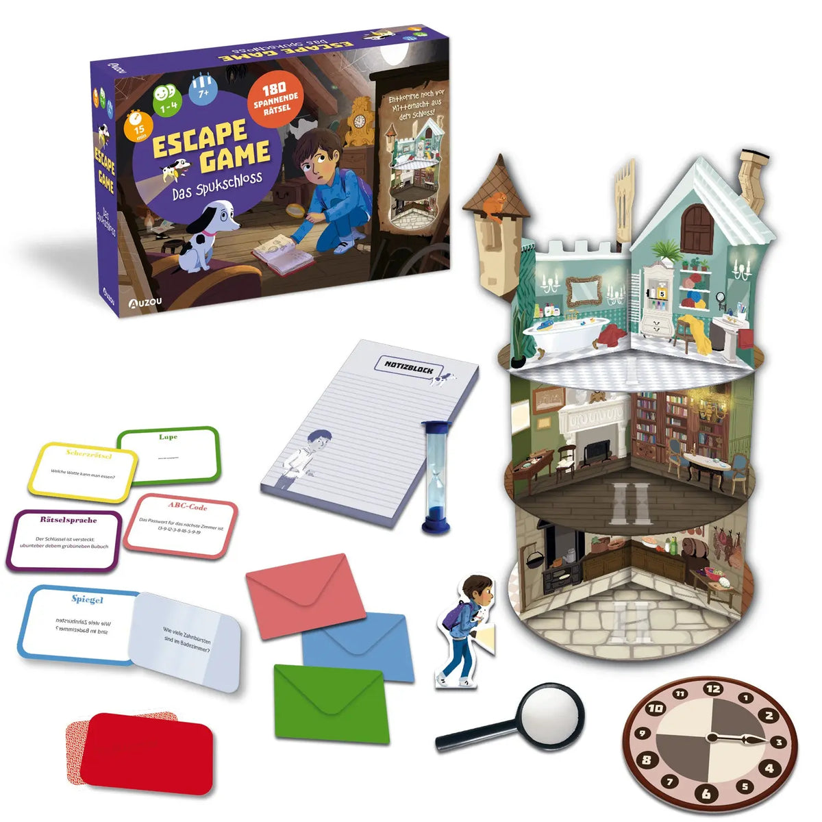 Escape-Game-Spielset mit Box, Karten, Umschlägen, Lupe, Uhr und Schloss-Modell