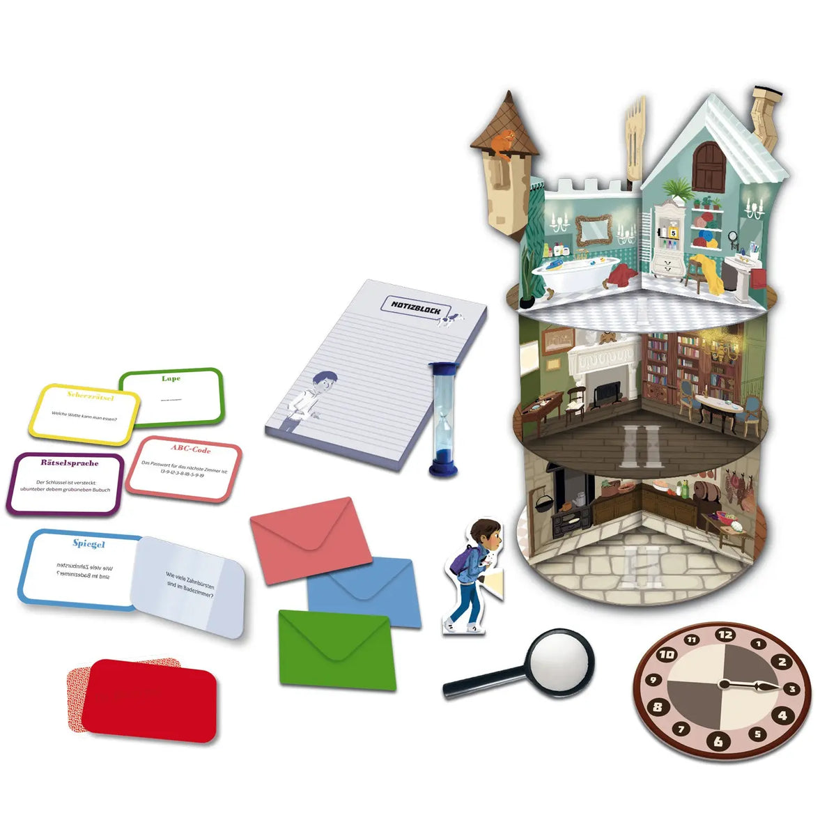 Escape-Game-Spielzubehör: Karten, Umschläge, Lupe, Uhr und Mini-Schloss-Aufsteller