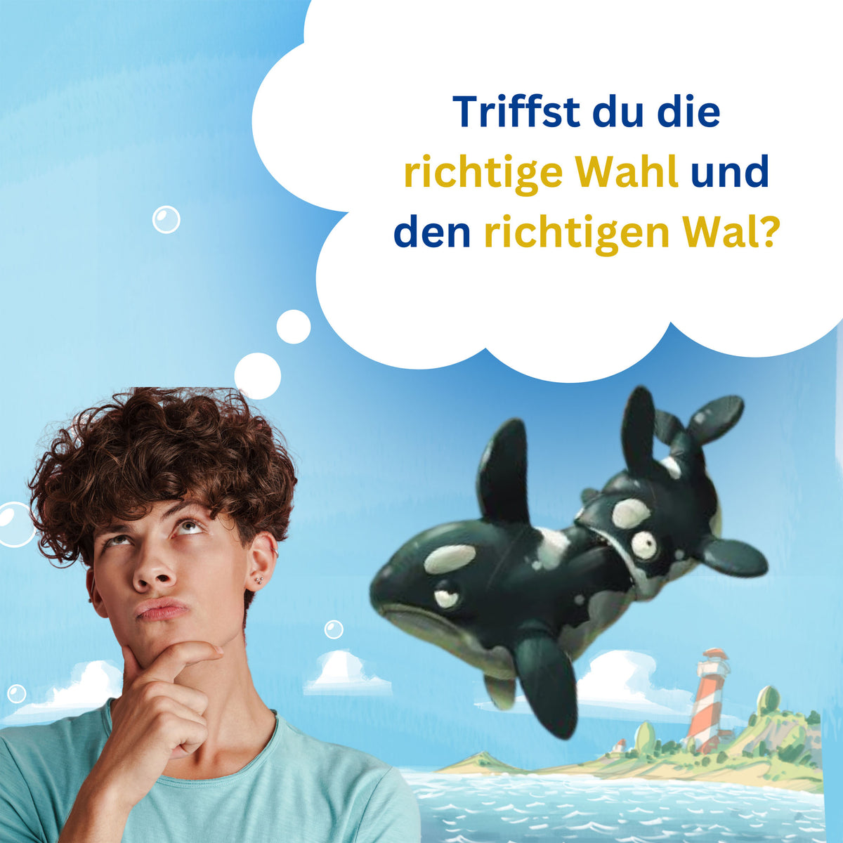 Werbegrafik mit Spielkarte, Hai und Wal sowie Sprechblase