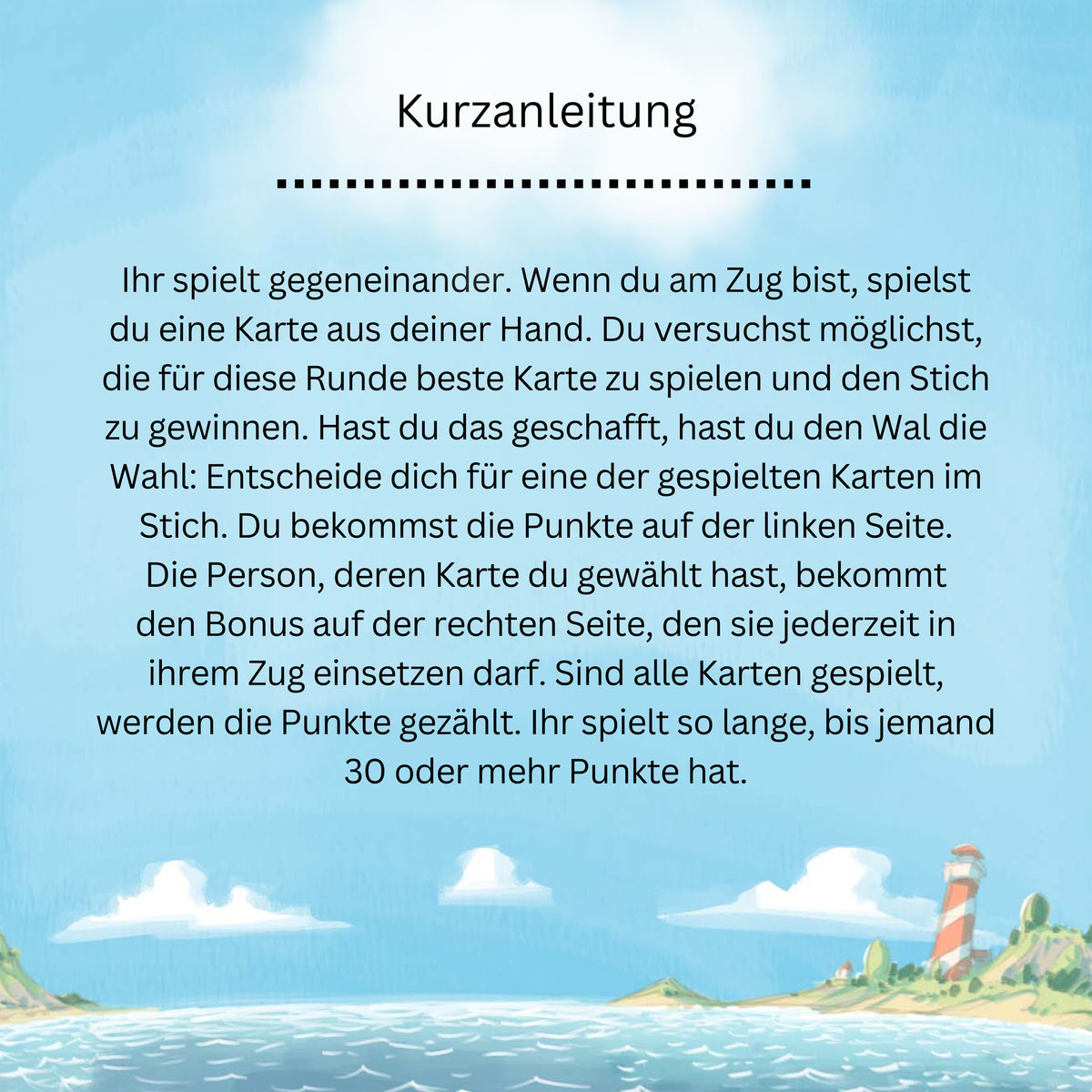 Spielanleitung mit Titel „Kurzanleitung“ und Textabsätzen