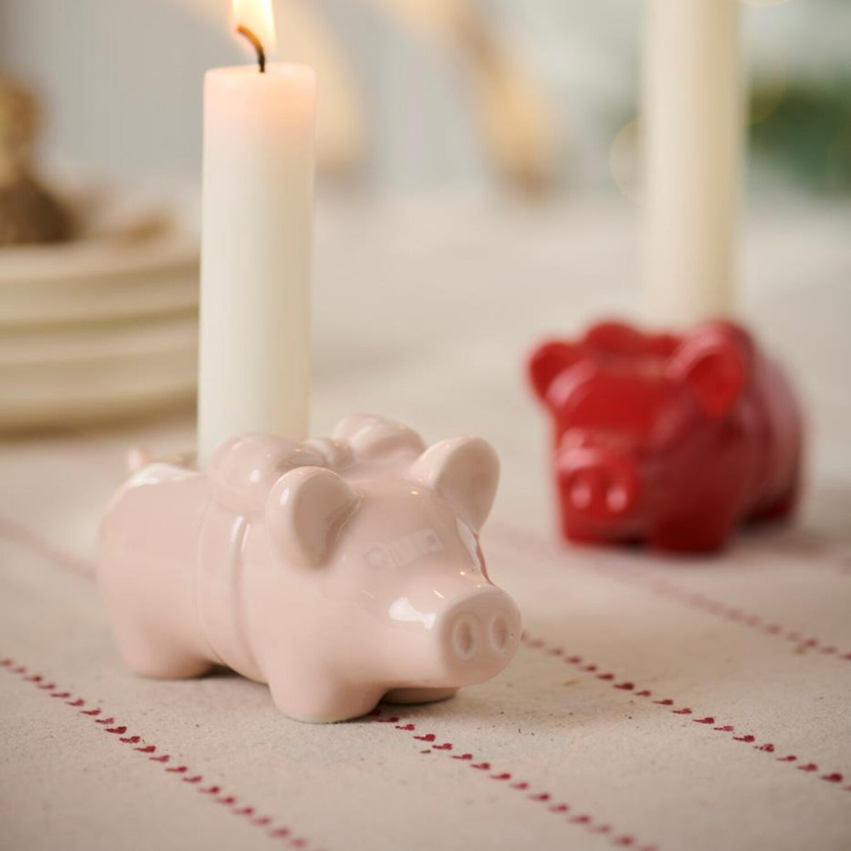 Kerzenhalter "Schwein mit Schleife" - 11,5x5x5,4 cm (Hellrosa)