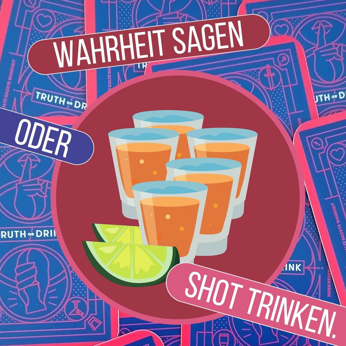 Wahrheit-oder-Drink-Spielkarte mit Gläsern und rundem Motiv