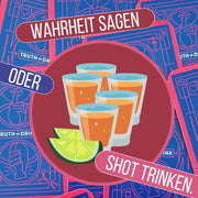 Wahrheit-oder-Drink-Spielkarte mit Gläsern und rundem Motiv