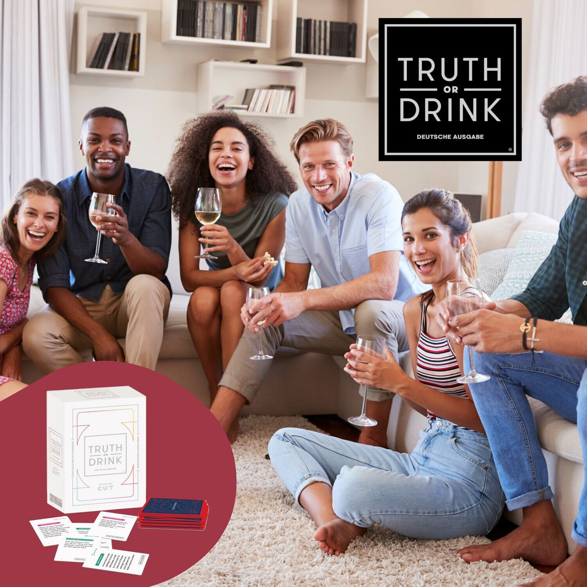 Wahrheit-oder-Drink-Spielbox mit Karten- und Anleitungsblättern