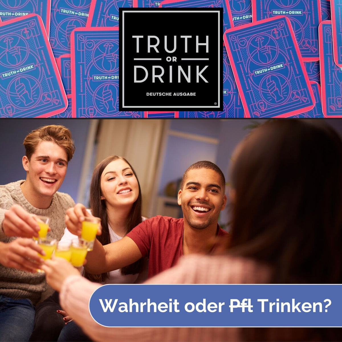 Wahrheit-oder-Drink-Spielbox mit Logo „Truth or Drink“