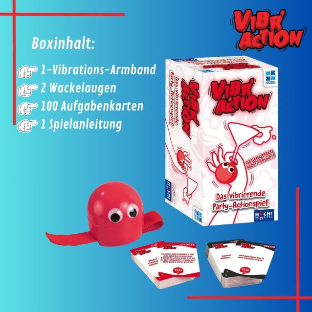 Vibr’Action-Verpackung mit Inhalt: Vibrations-Armband, Wackelaugen, Aufgaben-Karten, Anleitung