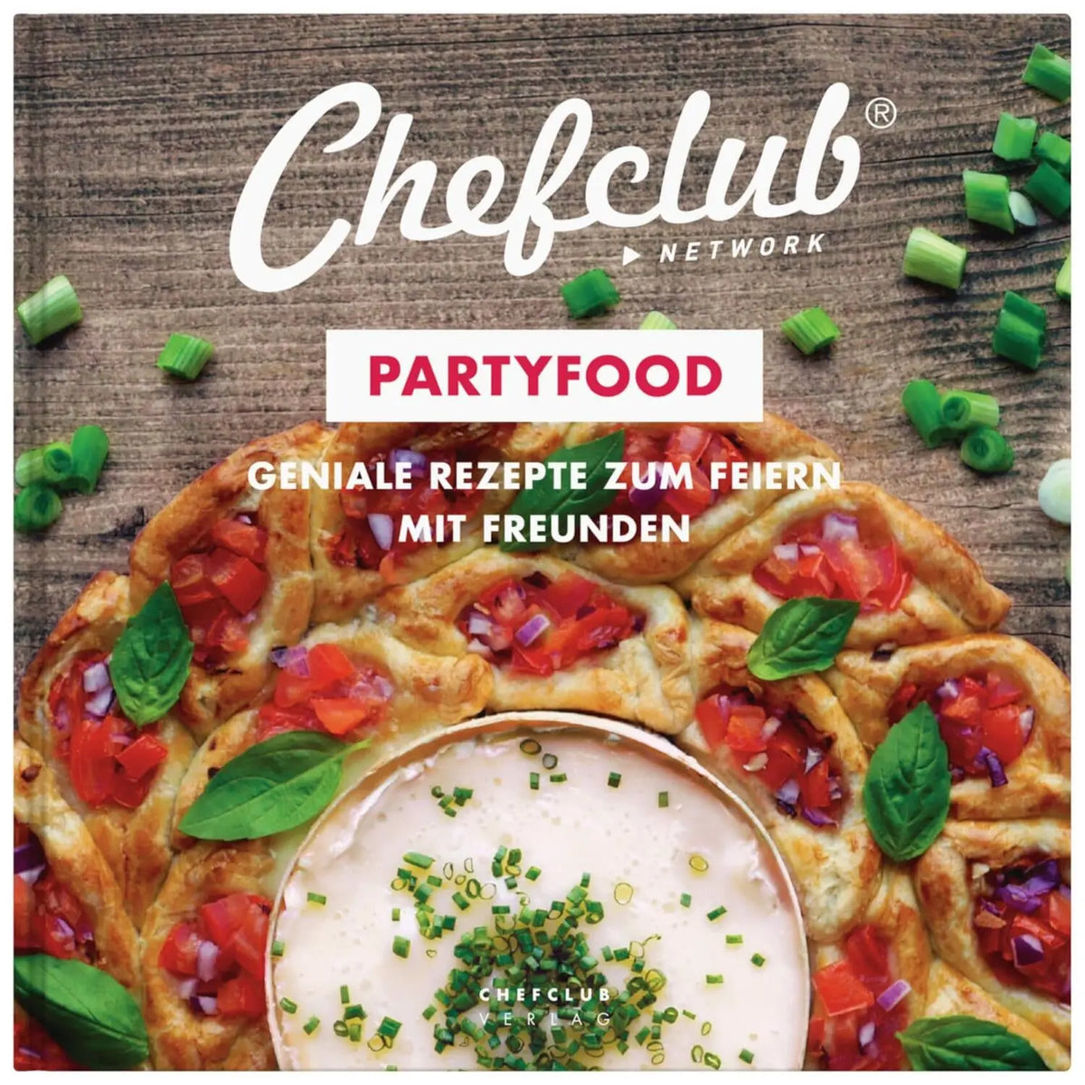 Themenkochbuch Partyfood mit Chefclub-Cover, Pizza-Motiv und grünen Kräutern