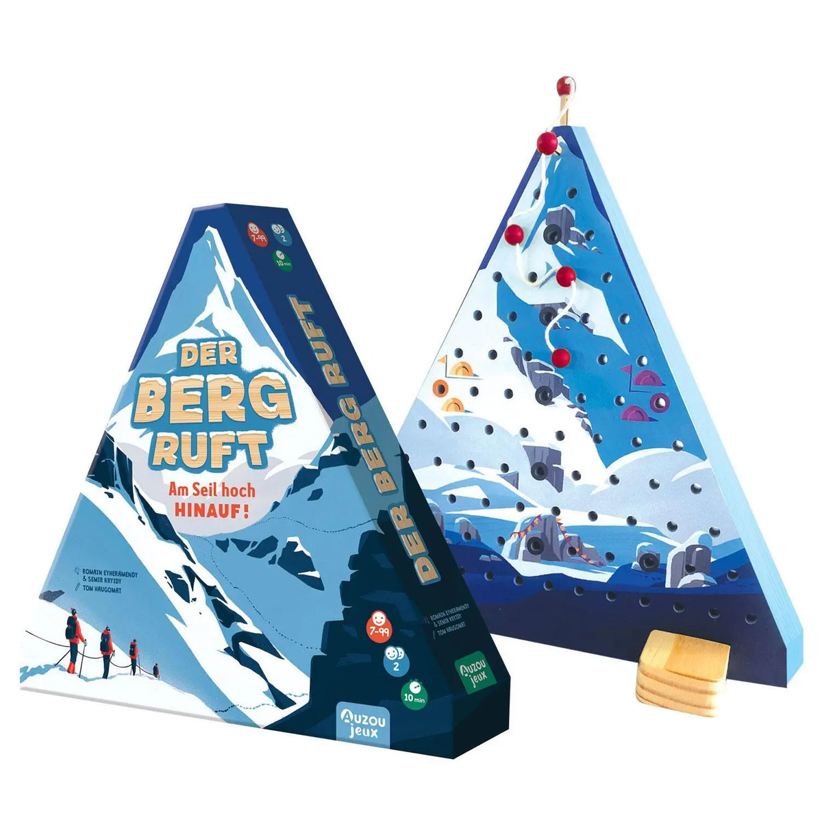 Brettspiel-Box Vorder- und Seitenansicht mit Kletterspiel-Motiv und Holzblöcken