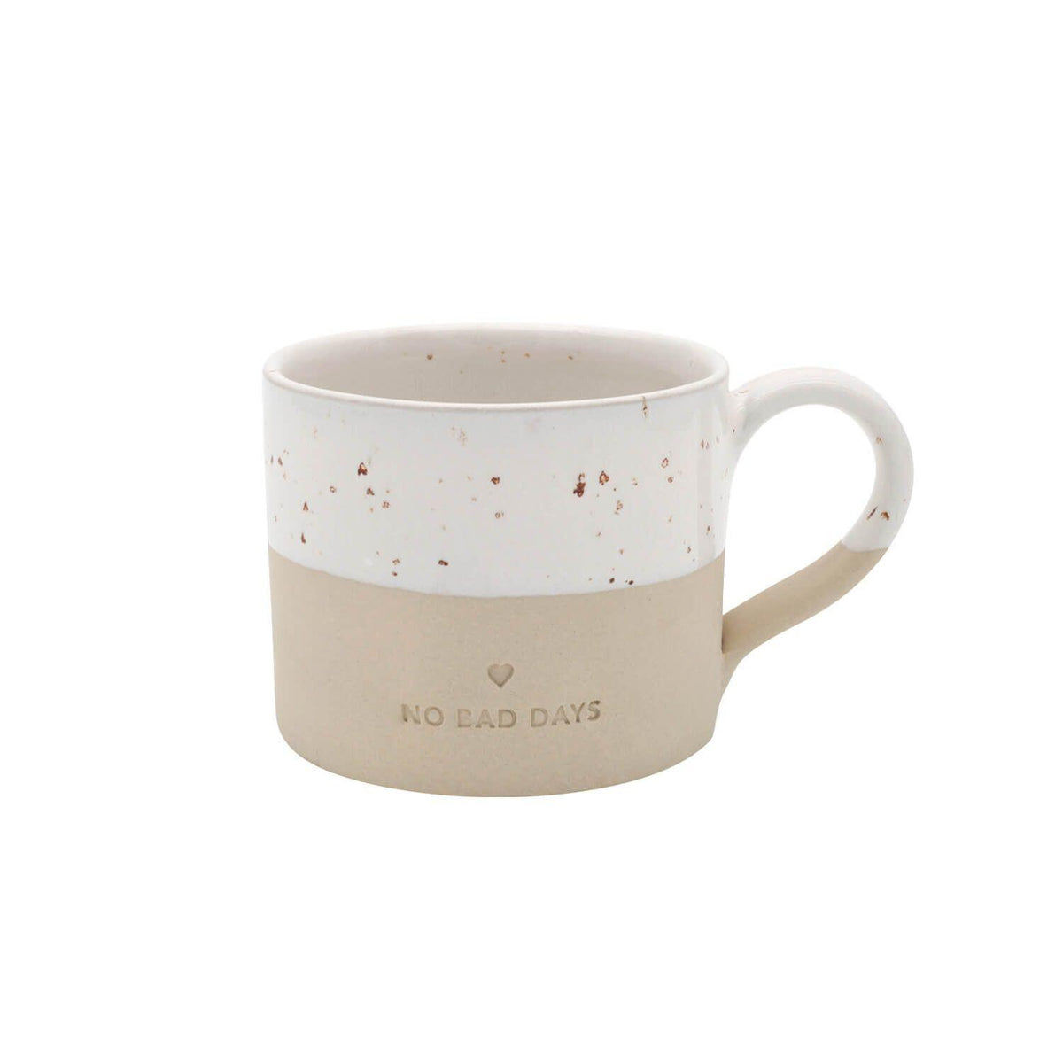 Tasse „No Bad Days“ (250 ml) naturfarben, zweifarbig mit Sprenkeln und Schrift, seitlicher Henkel