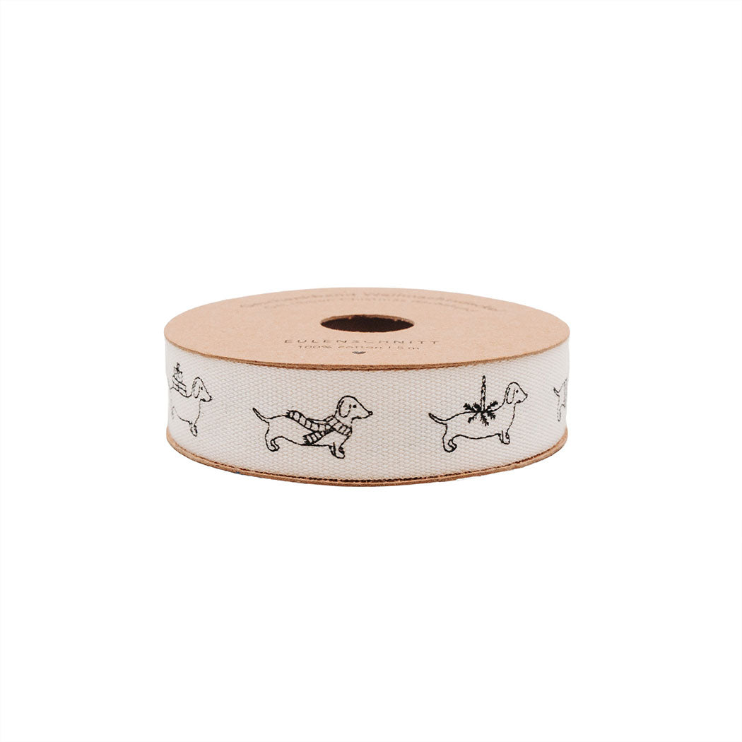 Geschenkband auf Rolle mit Dackelmotiv, naturfarben, schwarz bedruckt
