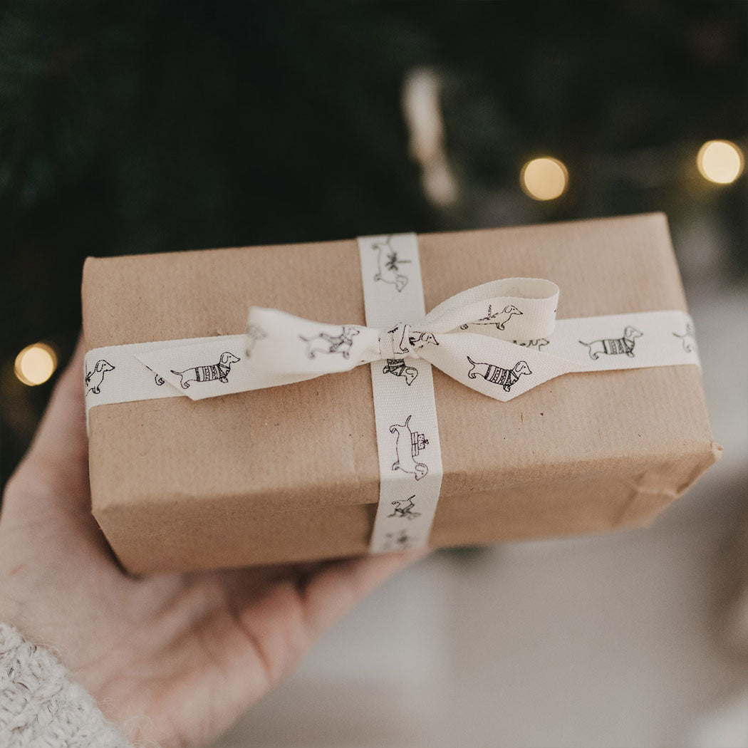 Geschenkband: weißes Band mit Dackelmotiven, Geschenk mit Schleife in der Hand