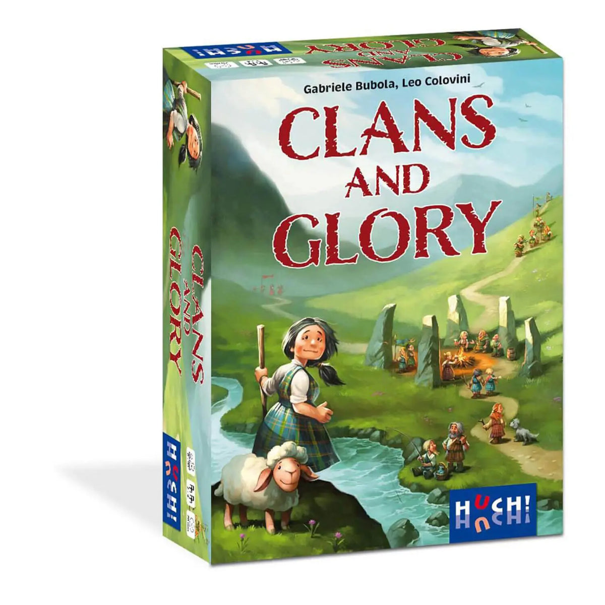 Brettspiel-Box „Clans und Ruhm“ mit Titel und Illustration von Figuren und Landschaft