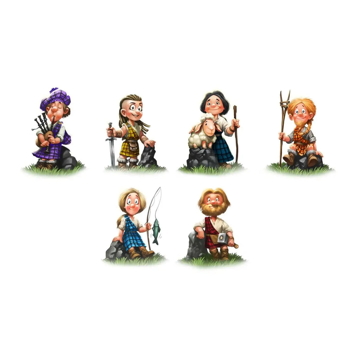 Brettspiel-Figuren in verschiedenen Posen, sechs Charakter-Standbilder auf hellem Hintergrund
