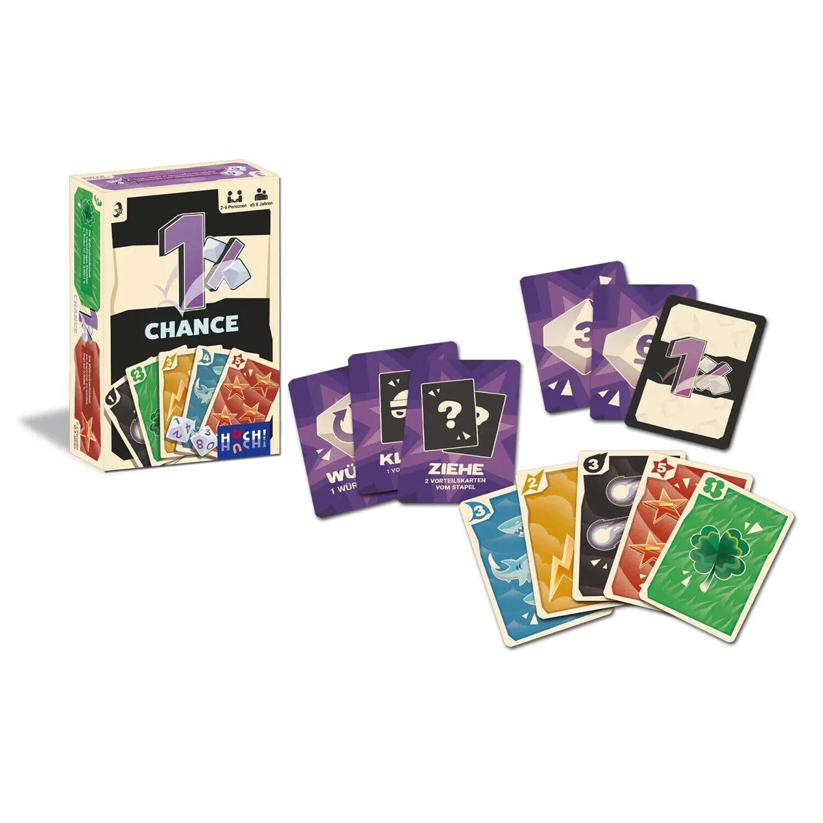 Kartenspiel-Box mit mehreren Karten auf dem Tisch, daneben einzelne Bedienelemente