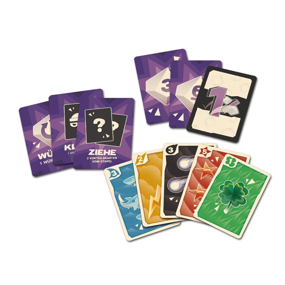 Mehrere Spielkarten nebeneinander: violette Karten mit Symbolen und nummerierte Karten