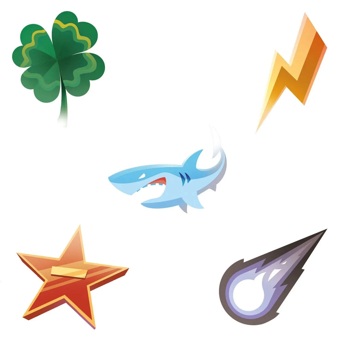Spielkarten-Symbole: Kleeblatt, Haifisch, Stern und „0“- bzw. Kugel-Motiv