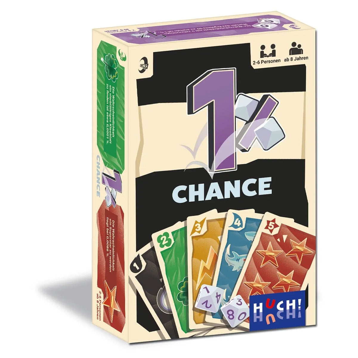 Kartenspiel-Box mit großer „1“-Grafik, „CHANCE“-Schriftzug und Spielkarten vorne