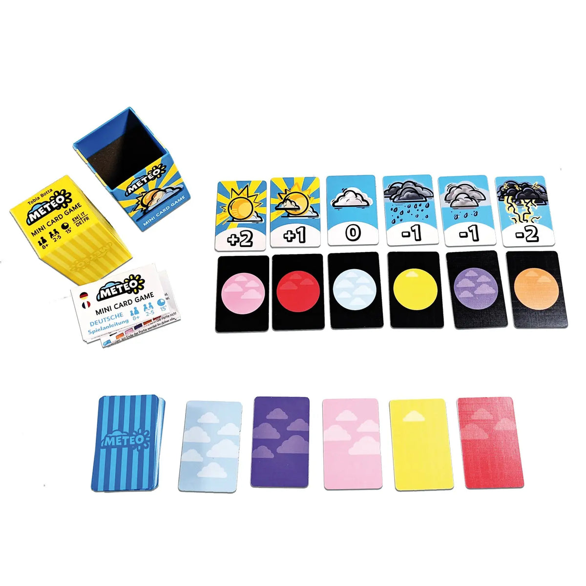 Mini-Card-Game Karten-Set: Spielbox, Wetter-Wertungskarten und farbige Deckkarten.